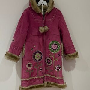 Charming Pink Kids Pea Coat with Faux Fur Trim